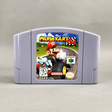 Mario Kart 64 for Nintendo 64 - Front view of authentic N64 game cartridge showing original label artwork, very good condition, loose