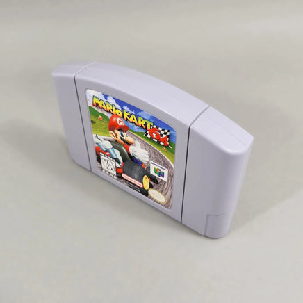 Mario Kart 64 for Nintendo 64 - Right-front angled view of authentic N64 cartridge showing label artwork, very good condition, loose