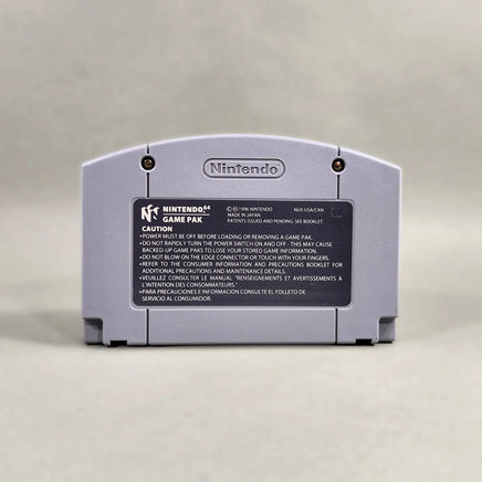 Mario Kart 64 for Nintendo 64 - Back view of authentic N64 game cartridge showing original caution label, very good condition, loose