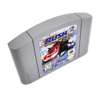 Rush 2 Nintendo 64 Very Good Loose - Angled top and front view of authentic game cartridge with label artwork visible