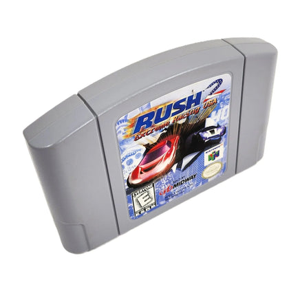 Rush 2 Nintendo 64 Very Good Loose - Angled top and front view of authentic game cartridge with label artwork visible