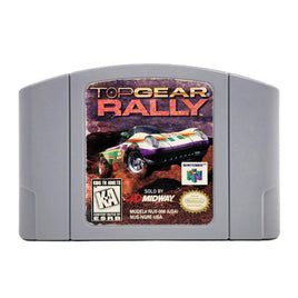 Top Gear Rally video game cartridge for the Nintendo 64 console, featuring a gray plastic case with a colorful front label showing a race car and game branding.