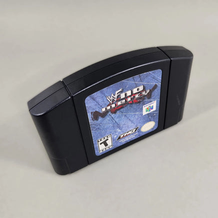 WWF No Mercy for Nintendo 64 - Original N64 cart showing top edge and illustrated front label, good condition, loose