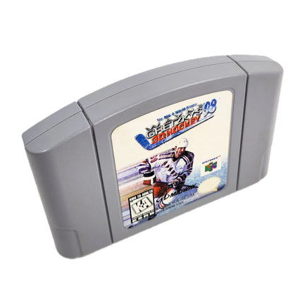 Wayne Gretzky's 3D Hockey 98 Nintendo 64 Good Loose - Angled top and front view of genuine N64 game cartridge showing label artwork and game title