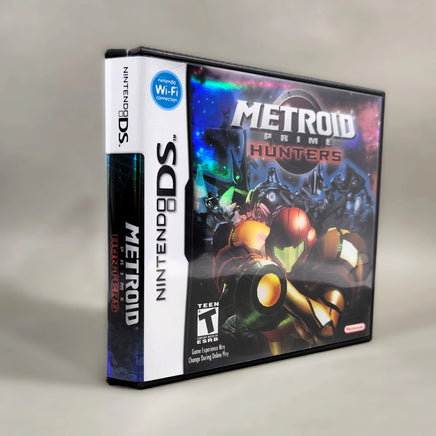 Metroid Prime: Hunters for Nintendo DS - Genuine game case shown at an angle with front artwork and spine, like new condition