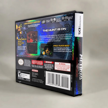 Metroid Prime: Hunters for Nintendo DS - Genuine game case shown at an angle with back artwork and spine, like new condition