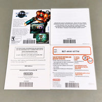 Rear view of Nintendo DS printed pamphlets laid flat on a light gray surface: a health and safety booklet, a Wi-Fi connection booklet, and a promotional insert featuring the Nintendo Power logo and a Metroid Prime Samus illustration.