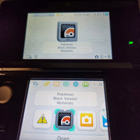 A close-up of a Nintendo DS handheld console showing the Pokémon Black Version game on the screen, with the top half displaying a Pokémon Black Version app icon and the bottom half showing app icons including a warning icon and camera icon.
