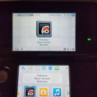 A close-up of a Nintendo DS screen showing the Pokémon Black Version Nintendo app or interface, with a second screen below displaying app icons. The screens are lit against a dark device body.