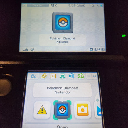 Nintendo DS game screens displaying the Pokémon Diamond and Nintendo app, with the Pokéball icon highlighted on a dark background.