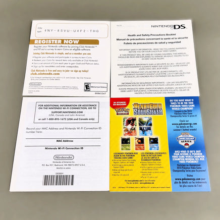 A Nintendo DS Club Nintendo registration booklet and warranty card laid flat on a light gray surface. The booklet contains registration information, safety and health notices, and promotional graphics for the game Club Nintendo.
