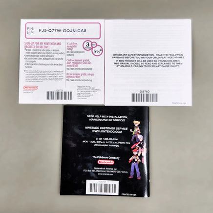 Rear view of Nintendo DS Pokémon Pearl Version instruction booklet and health and safety precautions booklet set, displayed on a neutral gray background.