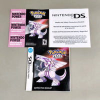 Nintendo DS Pokémon Pearl Version game instruction booklet set on a neutral gray background, showing the front cover, health and safety booklet, and instruction booklet.