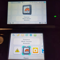Nintendo DS game screens for Pokémon White Version Nintendo Version, one resting on a dark surface above the other, with their screens turned on displaying the game's interface.