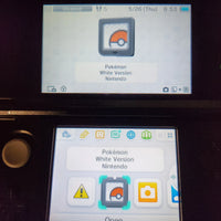 A close-up of a Nintendo 3DS handheld console showing the Pokémon White Version Nintendo game app on the screen, with the Pokémon logo icon highlighted.