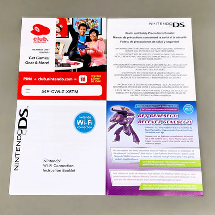 Nintendo DS instruction booklet and connection booklet set, showing the front and back covers with text, Nintendo DS branding, and product imagery on a light gray background. includes a "Get Genesect!" booklet