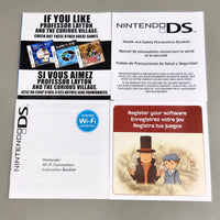 Professor Layton and the Curious Village for Nintendo DS - Front view of included paperwork and pamphlets including a registration card and Nintendo DS Health and Safety booklet along with a DS game advertisement