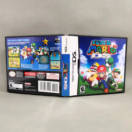 Super Mario 64 DS for Nintendo DS - Three-quarter view showing official game case front, spine and back cover, like new condition