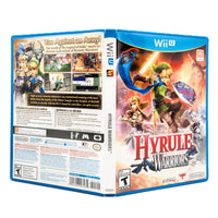 Nintendo Wii U Hyrule Warriors video game case shown from the front and back, featuring colorful fantasy artwork with Link, Princess Zelda, and other characters on a white background.