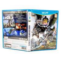 Front and back views of the Monster Hunter 3 Ultimate game case for the Nintendo Wii U, featuring blue plastic case borders and detailed cover art.