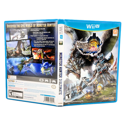 Front and back views of the Monster Hunter 3 Ultimate game case for the Nintendo Wii U, featuring blue plastic case borders and detailed cover art.