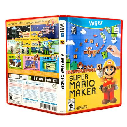 Nintendo Wii U Super Mario Maker video game case shown from the front and back, featuring Mario and retro game screenshots on a white background.