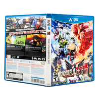 Front and back views of the Nintendo Wii U game case for 'The Wonderful 101' on the Wii U console, featuring colorful cover art and gameplay screenshots.