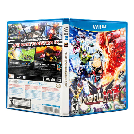 Front and back views of the Nintendo Wii U game case for 'The Wonderful 101' on the Wii U console, featuring colorful cover art and gameplay screenshots.