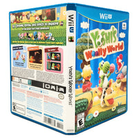 Nintendo Wii U game case for Yoshi's Woolly World, showing the front, spine, and back covers in a clean studio-style rendering.