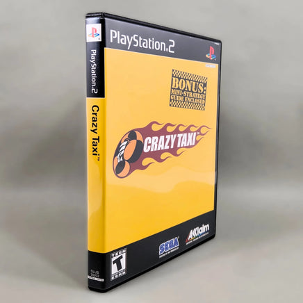 A PlayStation 2 game case for 'Crazy Taxi' with a bright yellow cover and black spine, photographed on a neutral gray background.