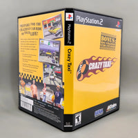 Crazy Taxi PlayStation 2 game case shown at an angle, displaying the yellow front cover, spine, and back panel with PlayStation 2 branding and game artwork.