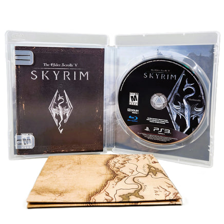 Elder Scrolls V Skyrim PlayStation 3 Very Good CIB - Collector View Of Inside Case With Clean Disc, instruction manual, and folded world map