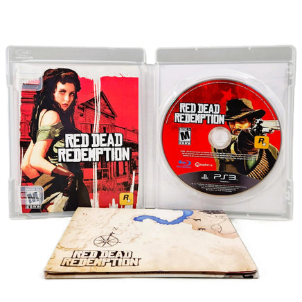 Red Dead Redemption PlayStation 3 Like New CIB - Open Game Box Showing Contents, Instruction Manual, and World Map Fold Out