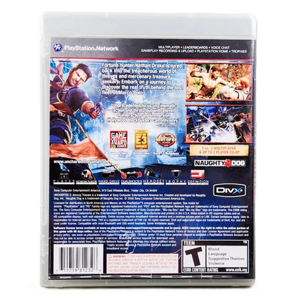 Uncharted 2 Among Thieves PlayStation 3 Very Good CIB - Retail Game Box Back Panel With Barcode Visible Along With Screenshots And Text Explaining Gameplay Details