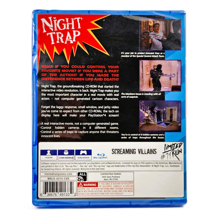 Night Trap Limited Run #74 Blue Cover PlayStation 4 Brand New CIB - Back Of Game Box With Description Visible