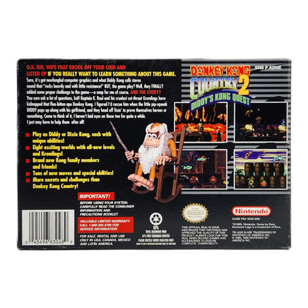 Donkey Kong Country 2 Players Choice Super Nintendo Very Good - Official retail box rear view showing text and game artwork