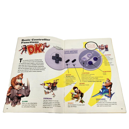 Donkey Kong Country Super Nintendo Very Good - View of official game instruction manual open showing pages