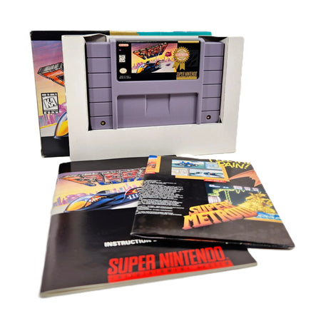 F-Zero Players Choice Super Nintendo Very Good - View of genuine retail game box, cartridge, inner cardboard tray, manual and poster