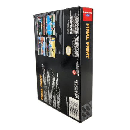 Final Fight Super Nintendo Very Good CIB- Genuine Retail Box Back Artwork Shown at an Angle with spine visible