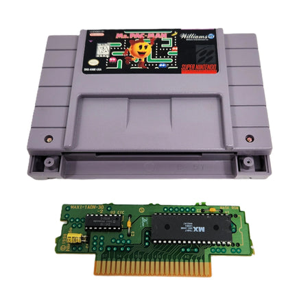 Ms. Pacman Super Nintendo Good CIB - View of open cartridge shell and authentic game circuit board shown