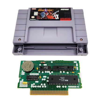 NBA Hang Time Super Nintendo Very Good CIB -Open cartridge shell shown with authentic game circuit board displayed