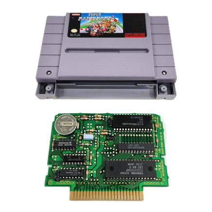 Super Mario Kart Super Nintendo Good Loose - View of official game cartridge shell and authentic game circuit board with Nintendo branding and save battery