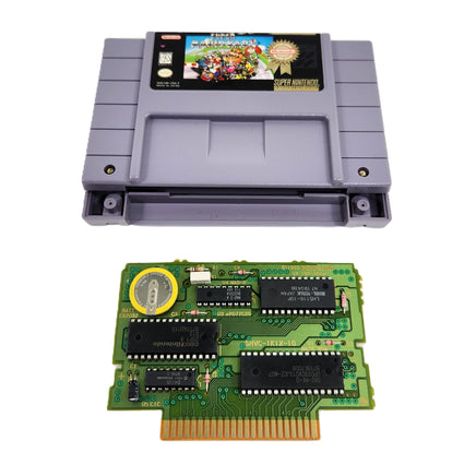 Super Mario Kart Players Choice Super Nintendo Good Loose - Open game cartridge shown with authentic game circuit board with working save battery installed