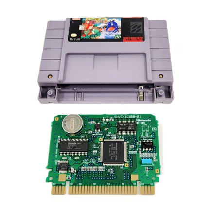 Super Mario World 2 Yoshi's Island Super Nintendo Good Loose - Open cartridge showing authentic Nintendo circuit board with working save battery installed
