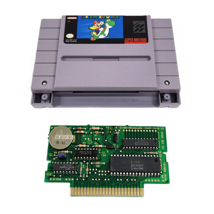 Super Mario World Super Nintendo Very Good Loose - Open Cartridge shell with authentic game circuit board shown with working game save battery installed