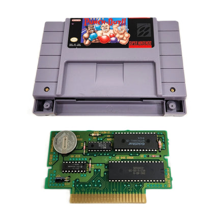Super Punch Out Super Nintendo Very Good Loose - Authentic game cartridge shown open with genuine Nintendo game circuit board displayed with working battery save installed