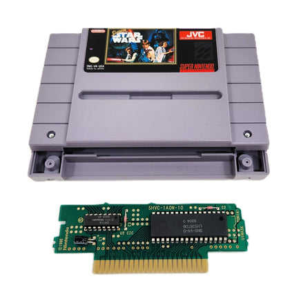 Super Star Wars Super Nintendo Very Good CIB - Open game cartridge shown with authentic Nintendo game circuit board
