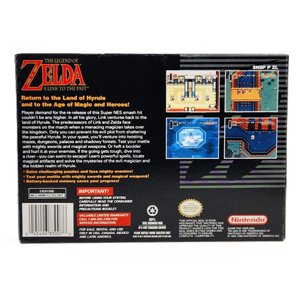 The Legend Of Zelda A Link To The Past Players Choice Super Nintendo Very Good CIB - Back rear view of authentic retail game box