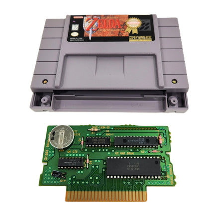 The Legend Of Zelda A Link To The Past Players Choice SNES Very Good Loose - Authentic Game Cartridge shown with genuine circuit board displayed with working save battery installed