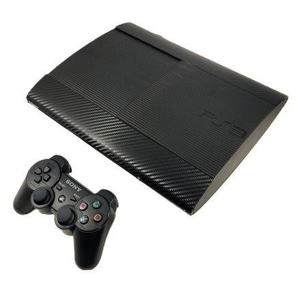 PlayStation 3 Super Slim 250GB Console System Bundle Black Carbon Fiber Skin Very Good Loose - View 2 View of Console with Control Pad